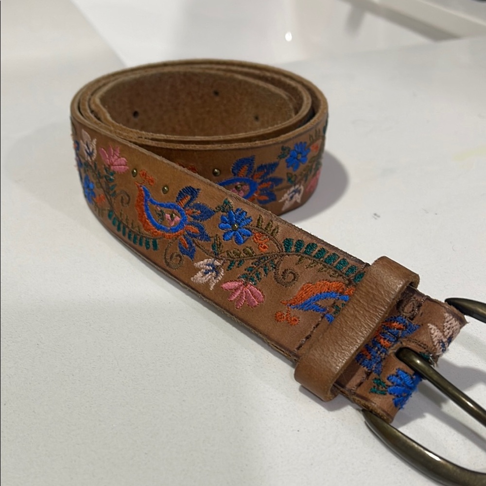 Embroidered Tan Leather Belt with Floral Design